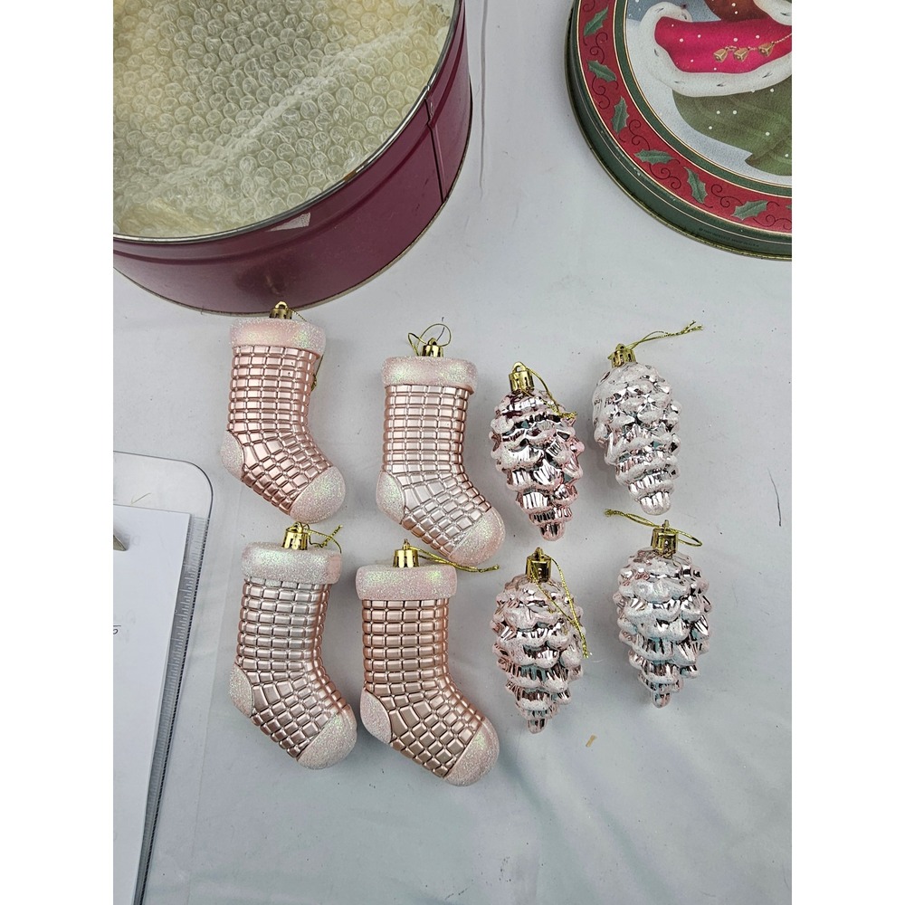 Christmas Stocking Ornament Pinecone Rose Gold‎ Glitter Set Decor Tin